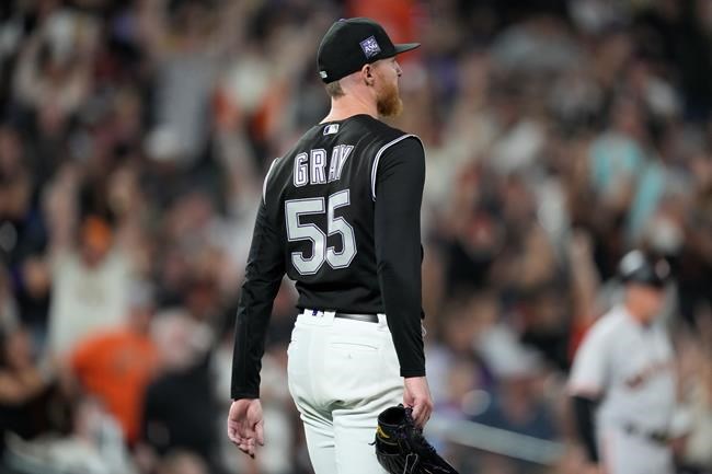 Colorado Rockies starting pitcher Jon Gray reacts after giving a three-run home run to San Francisco Giants' Brandon Belt in the fifth inning of a baseball game Saturday, Sept. 25, 2021, in Denver. (AP Photo/David Zalubowski)