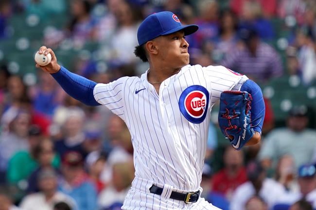 Chicago Cubs relief pitcher Adbert Alzolay throws against the St. Louis Cardinals during the sixth inning of a baseball game in Chicago, Sunday, Sept. 26, 2021. (AP Photo/Nam Y. Huh)