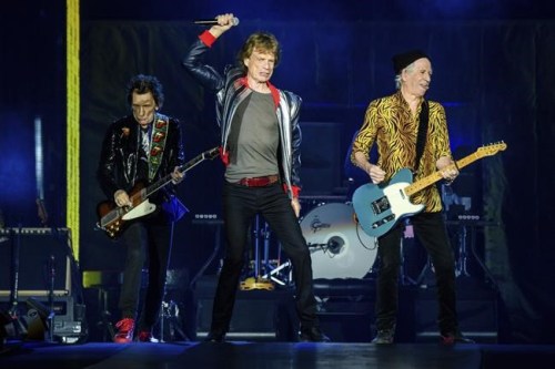 Ronnie Wood, from left, Mick Jagger and Keith Richards of the Rolling Stones perform during the 