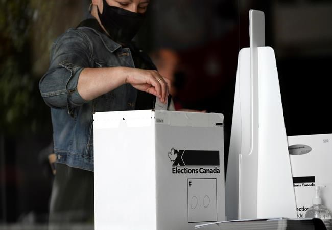 A voter casts their ballot at a polling location on election day during the 44th Canadian general election, on Monday, Sept. 20, 2021. THE CANADIAN PRESS/Justin Tang