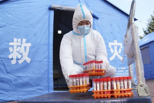 In this photo released by China's Xinhua News Agency, a worker in protective clothing handles COVID-19 test samples in Bayan County of Harbin city in northeastern China's Heilongjiang Province, Monday, Sept. 27, 2021. A city in northern China has euthanized three housecats after they tested positive for COVID-19, according to a local media report. The authorities in Harbin said the action was taken because there was no course of treatment for animals with the disease and they would have endangered their owner and residents of the entire apartment complex in which they lived, the Beijing News online said. (Wang Jianwei/Xinhua via AP)