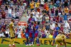 Barcelona's Ansu Fati celebrates after scoring his side's third goal during a Spanish La Liga soccer match between FC Barcelona and Levante at the Camp Nou stadium in Barcelona, Spain, Sunday, Sept. 26, 2021. (AP Photo/Joan Monfort)