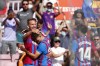 Barcelona's Luuk de Jong, left, celebrates after scoring his side's second goal during a Spanish La Liga soccer match between FC Barcelona and Levante at the Camp Nou stadium in Barcelona, Spain, Sunday, Sept. 26, 2021. (AP Photo/Joan Monfort)