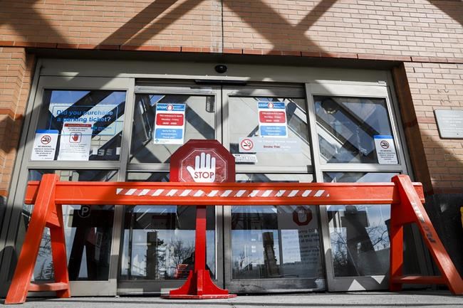 An entrance to the Peter Lougheed Centre hospital is shown in Calgary, Thursday, April 9, 2020. The Canadian Medical Association is calling for circuit-breaker lockdowns in Alberta and Saskatchewan to protect