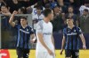 Atalanta's Matteo Pessina, left, celebrates after scoring his side's opening goal during the Champions League Group F soccer match between Atalanta and Young Boys, at the Gewiss Stadium in Bergamo, Italy, Wednesday, Sept 29, 2021. (AP Photo/Luca Bruno)