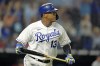 Kansas City Royals' Salvador Perez watches his three-run home run during the first inning of a baseball game against the Cleveland Indians Wednesday, Sept. 29, 2021, in Kansas City, Mo. Perez's homer tied Jorge Soler for the Royals' most home runs in a season at 48. (AP Photo/Charlie Riedel)