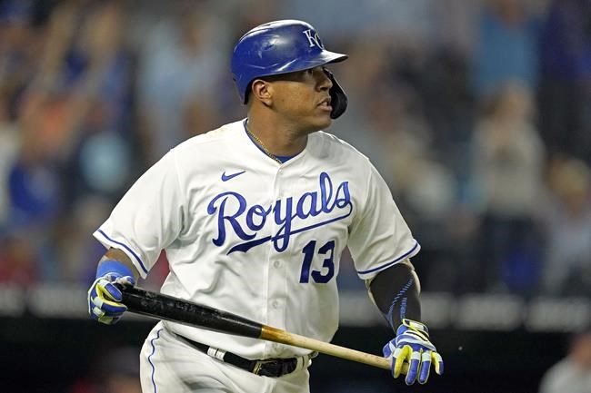 Kansas City Royals' Salvador Perez watches his three-run home run during the first inning of a baseball game against the Cleveland Indians Wednesday, Sept. 29, 2021, in Kansas City, Mo. Perez's homer tied Jorge Soler for the Royals' most home runs in a season at 48. (AP Photo/Charlie Riedel)