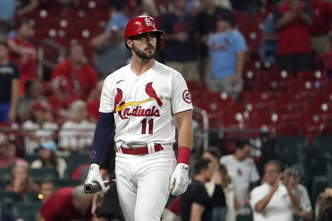 St. Louis Cardinals' Paul DeJong walks off the field after striking out to end a baseball game against the Milwaukee Brewers Wednesday, Sept. 29, 2021, in St. Louis. The Brewers won 4-0. (AP Photo/Jeff Roberson)