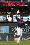 Minnesota Twins' Jorge Polanco celebrates his three-run home run off Detroit Tigers pitcher Casey Mize in the first inning of a baseball game, Wednesday, Sept. 29, 2021, in Minneapolis. (Photo by Jim Mone)