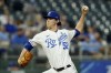 Kansas City Royals starting pitcher Daniel Lynch throws during the first inning of a baseball game against the Cleveland Indians Wednesday, Sept. 29, 2021, in Kansas City, Mo. (AP Photo/Charlie Riedel)