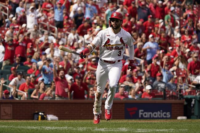 St. Louis Cardinals' Dylan Carlson drops his bat after hitting a two-run home run during the sixth inning of a baseball game against the Milwaukee Brewers Thursday, Sept. 30, 2021, in St. Louis. Carlson also hit a solo home run during the third inning. (AP Photo/Jeff Roberson)