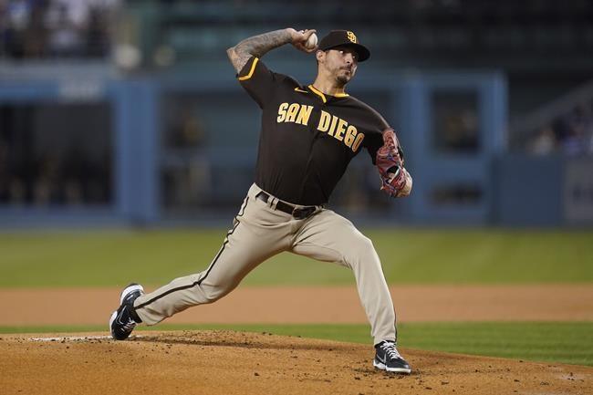 San Diego Padres starting pitcher Vince Velasquez (38) throws during the first inning of a baseball game against the Los Angeles Dodgers Thursday, Sept. 30, 2021, in Los Angeles. (AP Photo/Ashley Landis)
