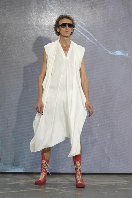 A model wears a creation for the Vivienne Westwood Spring-Summer 2022 ready-to-wear fashion show presented in Paris, Saturday, Oct. 2, 2021. (Photo by Vianney Le Caer/Invision/AP)