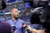 Derek Jeter, CEO of the Miami Marlins, speaks with the news media before a baseball game against the Philadelphia Phillies, Saturday, Oct. 2, 2021, in Miami. (AP Photo/Lynne Sladky)