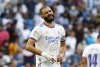 Real Madrid's Karim Benzema reacts during a Spanish La Liga soccer match between RCD Espanyol and Real Madrid at the Cornella-El Prat stadium in Barcelona, Spain, Sunday, Oct. 3, 2021. (AP Photo/Joan Monfort)