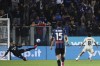 AC Milan's Sandro Tonali scores during the Serie A soccer match between Atalanta and AC Milan, at the Gewiss stadium in Bergamo, Italy, Saturday, Oct. 3, 2021. (Spada/LaPresse via AP)