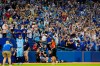 Toronto Blue Jays centre fielder George Springer (4) salutes the crowd after MLB baseball action against the Baltimore Orioles in Toronto, Sunday, Oct. 3, 2021. THE CANADIAN PRESS/Frank Gunn