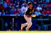 Pittsburgh Pirates' Ke'Bryan Hayes watches his two-run double off Philadelphia Phillies' Jose Alvarado during the seventh inning of a baseball game, Sunday, Sept. 26, 2021, in Philadelphia. (AP Photo/Derik Hamilton)