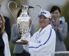FILE - Jin Young Ko, of South Korea, poses with the Dinah Shore Trophy after winning the LPGA Tour ANA Inspiration golf tournament at Mission Hills Country Club in Rancho Mirage, Calif., in this Sunday, April 7, 2019, file photo. The tournament has a new sponsor in Chevron and plans to move to Houston in 2023. (AP Photo/Alex Gallardo, File)