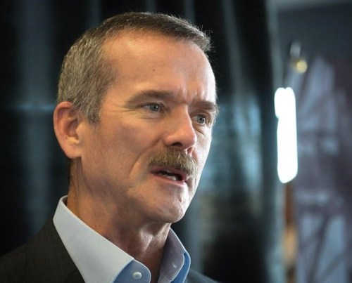 Retired astronaut Col. Chris Hadfield talks about his own extraordinary stories of leadership as one of the keynote speakers at the Greatness in Leadership business management event in Lethbridge, Alberta on Tuesday, Feb. 23, 2016. THE CANADIAN PRESS/David Rossiter