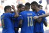 Italy's Domenico Berardi, centre, celebrates after scoring his side's second goal during the UEFA Nations League third place soccer match between Italy and Belgium at the Juventus stadium, in Turin, Italy, Sunday, Oct. 10, 2021. (AP Photo/Antonio Calanni)