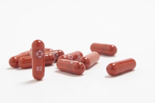This undated image provided by Merck & Co. shows their new antiviral medication. The drugmaker has said its experimental pill for people sick with COVID-19 reduced hospitalizations and deaths. (Merck & Co. via AP)