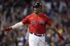 Boston Red Sox Rafael Devers reacts after hitting a three-run home run during the third inning against the Tampa Bay Rays during Game 4 of a baseball American League Division Series, Monday, Oct. 11, 2021, in Boston. (AP Photo/Charles Krupa)