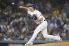 Los Angeles Dodgers starting pitcher Max Scherzer throws against the San Francisco Giants during the first inning of Game 3 of a baseball National League Division Series, Monday, Oct. 11, 2021, in Los Angeles. (AP Photo/Ashley Landis)