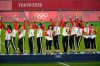 Canadian soccer players celebrate on the podium during the medal ceremony after their win against Sweden in the women's soccer gold medal game at the Tokyo Olympics in Yokohama, Japan on Friday, August 6, 2021. THE CANADIAN PRESS/Adrian Wyld