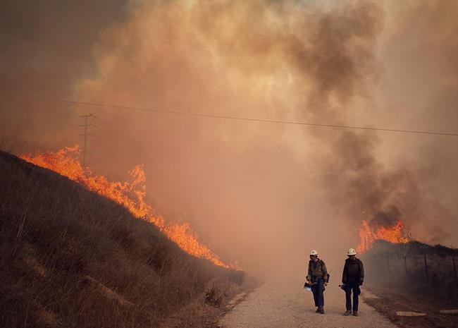 This Tuesday Oct. 12, 2021, photo provided by Santa Barbara County Fire, Santa Barbara County Fire Hand Crew members fight fire with fire and burn off pockets of grass along northbound Highway 101 north of Arroyo Hondo Canyon in Santa Barbara County, Calif. The Alisal Fire has scorched more than 9 square miles (23 square kilometers) by early Tuesday and remained completely uncontained. The fire erupted Monday afternoon on a ridge and blasted down toward the ocean, forcing closure of U.S. 101, the only major highway on that section of the coast. (Mike Eliason/Santa Barbara County Fire via AP)
