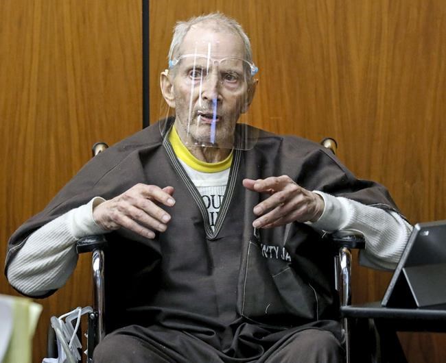 FILE - In this Monday, Aug. 9, 2021, file photo, New York real estate scion Robert Durst, 78, answers questions from defense attorney Dick DeGuerin, while testifying in his murder trial at the Inglewood Courthouse in Inglewood, Calif. The sentencing of Durst will be comparatively brief compared to his murder trial that stretched over the better part of two years. The New York real estate heir faces a mandatory term of life in prison without parole Thursday, Oct. 14 for the first-degree murder of his best friend, Susan Berman. (Gary Coronado/Los Angeles Times via AP, Pool, File)