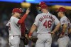 St. Louis Cardinals manager Mike Shildt (8) pulls starting pitcher Adam Wainwright from the game during the sixth inning of a National League Wild Card playoff baseball game against the Los Angeles Dodgers on Wednesday, Oct. 6, 2021, in Los Angeles. (AP Photo/Marcio Jose Sanchez)