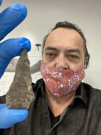 Doug Odjick, a council member of the Kitigan Zibi Anishinabeg, holds a 4,000-year-old Indigenous knife, found on Parliament Hill during the site's renovation. THE CANADIAN PRESS/HO-Doug Odjick*MANDATORY CREDIT*