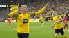 Dortmund's Erling Haaland celebrates after scoring a penalty during the German Bundesliga soccer match between Borussia Dortmund and FSV Mainz 05 in Dortmund, Germany, Saturday, Oct. 16, 2021. (AP Photo/Martin Meissner)