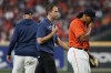 Houston Astros starting pitcher Luis Garcia leaves the games against the Boston Red Sox during the second inning in Game 2 of baseball's American League Championship Series Saturday, Oct. 16, 2021, in Houston. (AP Photo/Tony Gutierrez)
