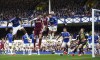 West Ham United's Angelo Ogbonna, center, scores their side's first goal of the game during the British Premier League match between West Ham and Everton, at Goodison Park, Liverpool, England, Sunday, Oct. 17, 2021. (Peter Byrne/PA via AP)