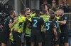 Inter Milan players celebrate after Arturo Vidal scored his side's second goal during the Champions League group D soccer match between Inter Milan and Sheriff at the San Siro stadium in Milan, Italy, Tuesday, Oct. 19, 2021. (AP Photo/Antonio Calanni)