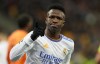 Real Madrid's Vinicius Junior celebrates after scoring his side's third goal during the Champions League group D soccer match between Shakhtar Donetsk and Real Madrid at the Olympiyskiy stadium in Kyiv, Ukraine, Tuesday, Oct. 19, 2021. (AP Photo/Efrem Lukatsky)