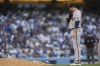 Atlanta Braves pitcher Luke Jackson takes a moment before pitching in the eight inning against the Los Angeles Dodgers in Game 3 of baseball's National League Championship Series Tuesday, Oct. 19, 2021, in Los Angeles. (AP Photo/Ashley Landis)