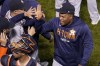 Houston Astros starting pitcher Framber Valdez celebrates after their win against the Boston Red Sox in Game 5 of baseball's American League Championship Series Wednesday, Oct. 20, 2021, in Boston. (AP Photo/Charles Krupa)