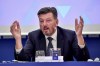 The Managing Director of European Soccer Leagues Jacco Swart gestures as he speak during a meeting in Milan, Italy, Friday, Oct. 22, 2021. Europe’s top leagues said Friday FIFA’s biennial World Cup plan is still on the table and they will oppose all current proposals for changing soccer’s schedule of international games. (Claudio Furlan/LaPresse via AP)