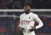 AC Milan's Rafael Leao celebrates scoring during the Italian Serie A soccer match between Bologna and AC Milan at Renato Dall'Ara stadium in Bologna, Italy, Saturday, Oct. 23, 2021. (Massimo Paolone/LaPresse via AP)