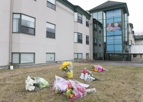A Quebec coroner reminded an inquest into deaths at a privately-owned Montreal long-term care home that both the regional health authority and the care home's management were responsible for the care of vulnerable patients. Flowers are shown outside Maison Herron, a long term care home in the Montreal suburb of Dorval on April 12, 2020. THE CANADIAN PRESS/Graham Hughes