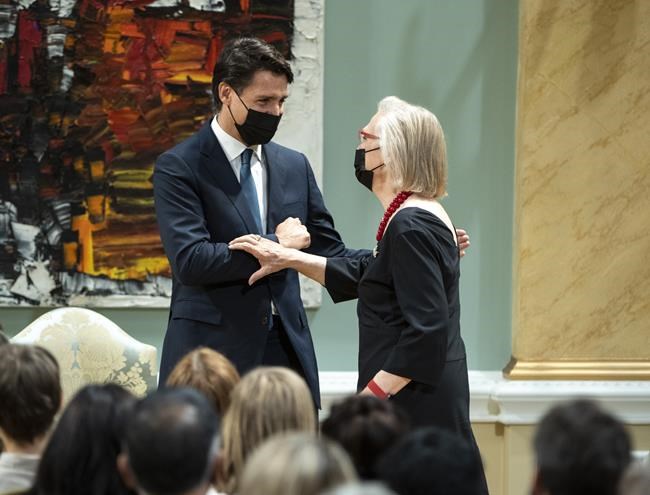 Prime Minister Justin Trudeau receives Minister of Mental Health and Addictions and Associate Minister of Health Carolyn Bennett during a Cabinet swearing in ceremony at Rideau Hall in Ottawa, on Tuesday, Oct. 26, 2021. THE CANADIAN PRESS/Justin Tang