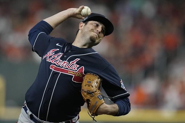 Atlanta Braves relief pitcher Luke Jackson throws during the sixth inning of Game 1 in baseball's World Series between the Houston Astros and the Atlanta Braves Tuesday, Oct. 26, 2021, in Houston. (AP Photo/Ashley Landis)