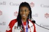 Canadian soccer team's Ashley Lawrence smiles at a press conference at BMO Field in Toronto during a media availability on Aug. 10, 2021. The 26-year-old fullback/midfielder from Caledon, Ont., who plays her club soccer for Paris Saint-Germain, is up against four other finalists for&nbsp;BBC Women's Footballer of the Year 2021. THE CANADIAN PRESS/Cole Burston