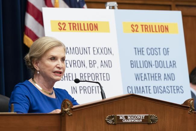 Rep. Carolyn Maloney, D-N.Y., chairwoman of the House Committee on Oversight and Reform, speaks at committee hearing on the role of fossil fuel companies in climate change, Thursday, Oct. 28, 2021, on Capitol Hill in Washington. (AP Photo/Jacquelyn Martin)