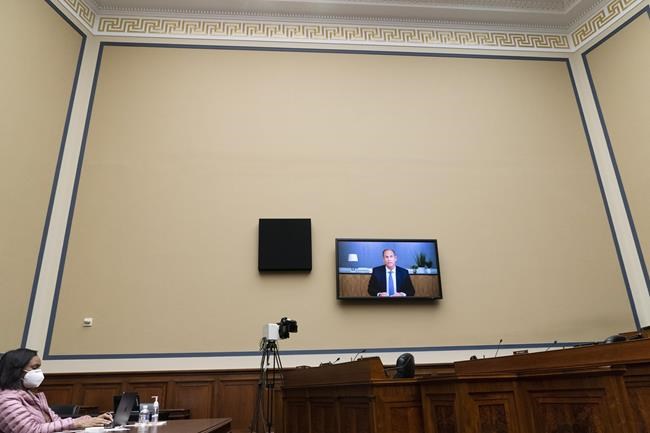 David Lawler, CEO of BP America Inc., testifies via video conference during a House Committee on Oversight and Reform hearing on the role of fossil fuel companies in climate change, Thursday, Oct. 28, 2021, on Capitol Hill in Washington. (AP Photo/Jacquelyn Martin)