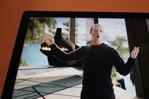 Seen on the screen of a device in Sausalito, Calif., Facebook CEO Mark Zuckerberg delivers the keynote address during a virtual event on Thursday, Oct. 28, 2021. Zuckerberg talked up his latest passion -- creating a virtual reality 