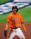 Houston Astros Jose Siri celebrates after scoring on a two-RBI hit by Martin Maldonado in the bottom of the second inning during Game 2 of the World Series against the Atlanta Braves on Wednesday, Oct. 27, 2021 at Minute Maid Park. (Kevin M. Cox/The Galveston County Daily News via AP)